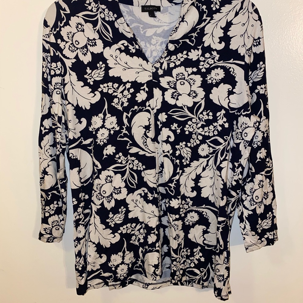Talbots Navy Blur and White Floral Blouse